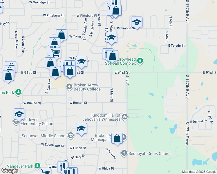 map of restaurants, bars, coffee shops, grocery stores, and more near 106 West Atlanta Street in Broken Arrow