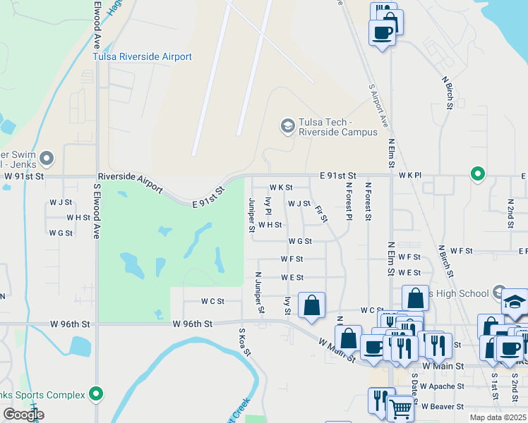 map of restaurants, bars, coffee shops, grocery stores, and more near 908 Ivy Place in Jenks