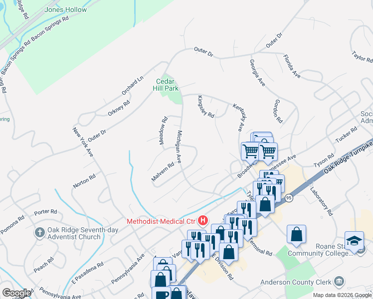 map of restaurants, bars, coffee shops, grocery stores, and more near 106 Marion Road in Oak Ridge