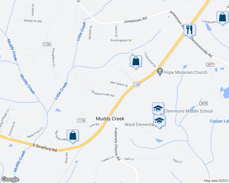 map of restaurants, bars, coffee shops, grocery stores, and more near 2424 Stratford Crossing Drive in Winston-Salem