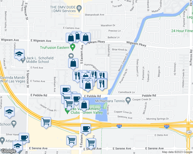 map of restaurants, bars, coffee shops, grocery stores, and more near 8770 Arawana Place in Henderson