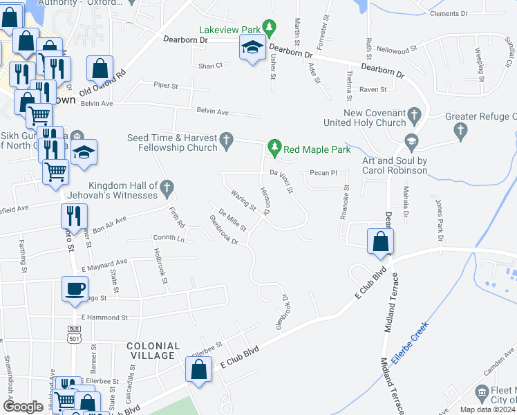 map of restaurants, bars, coffee shops, grocery stores, and more near 832 Waring Street in Durham
