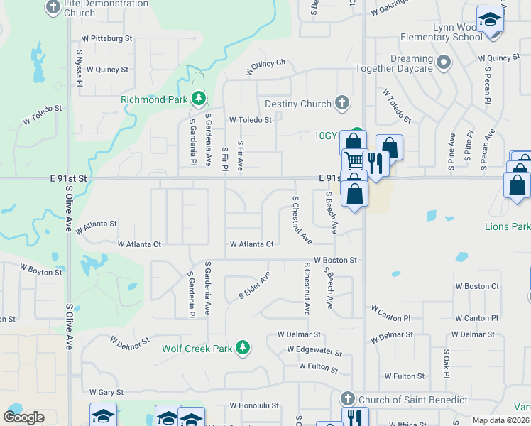 map of restaurants, bars, coffee shops, grocery stores, and more near 2603 West Atlanta Street in Broken Arrow