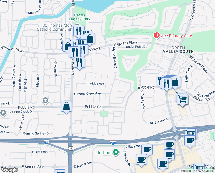 map of restaurants, bars, coffee shops, grocery stores, and more near 36 Lovelady Court in Henderson