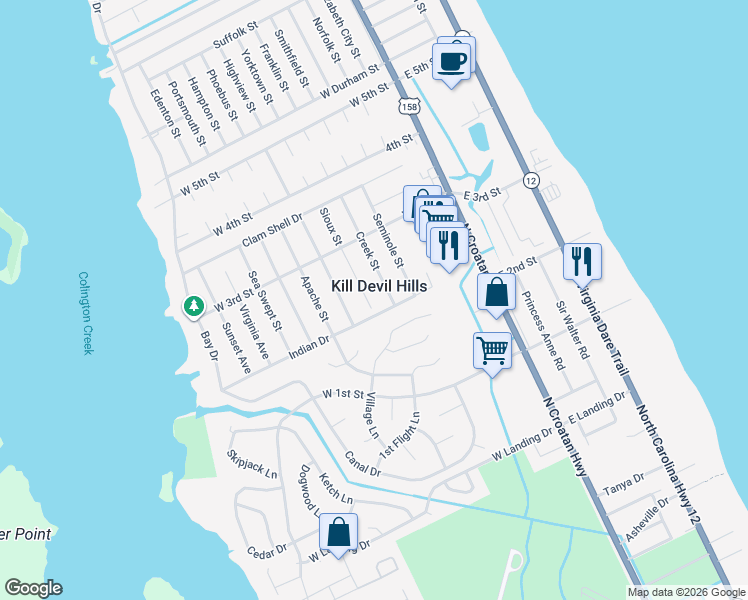 map of restaurants, bars, coffee shops, grocery stores, and more near in Kill Devil Hills