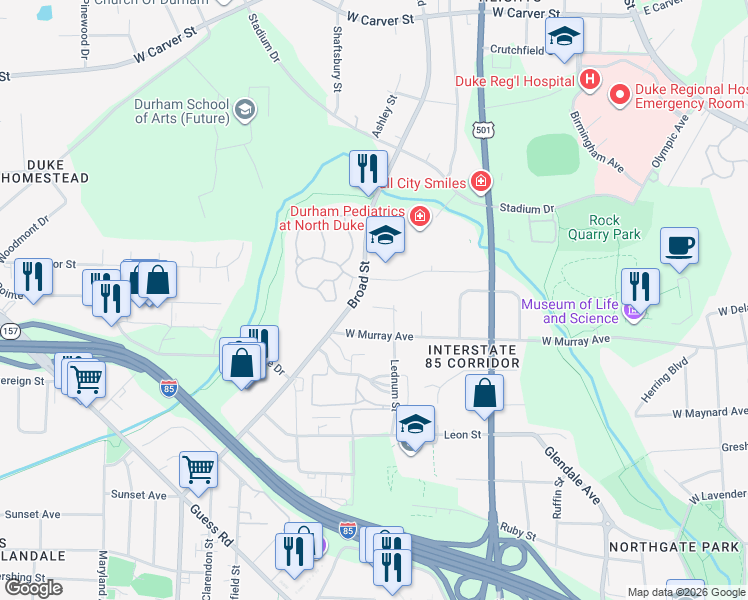 map of restaurants, bars, coffee shops, grocery stores, and more near 2400 Lednum Street in Durham
