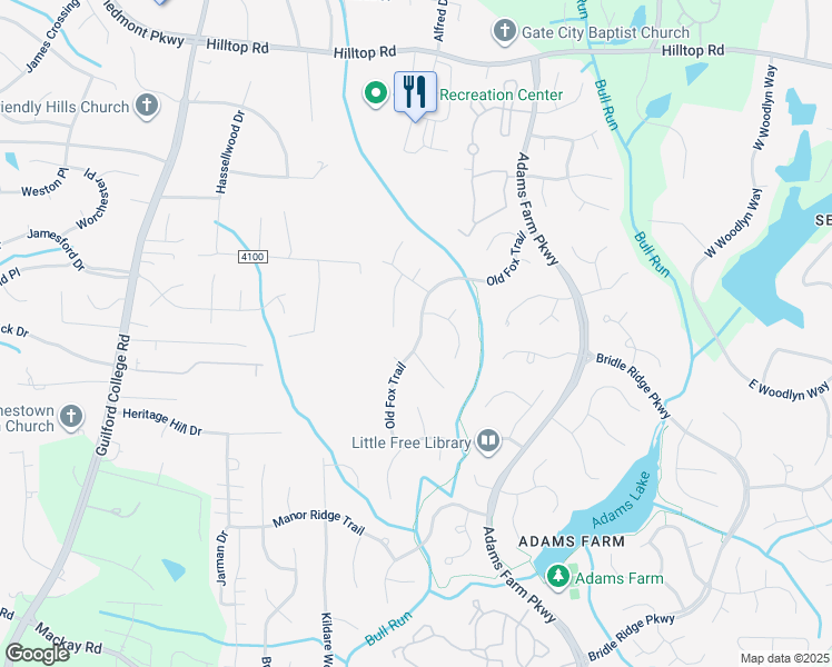 map of restaurants, bars, coffee shops, grocery stores, and more near 5806 Old Fox Trail in Greensboro