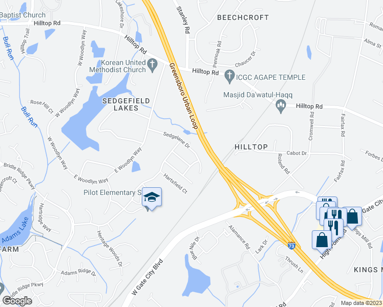 map of restaurants, bars, coffee shops, grocery stores, and more near 4707 Sedgelane Drive in Greensboro
