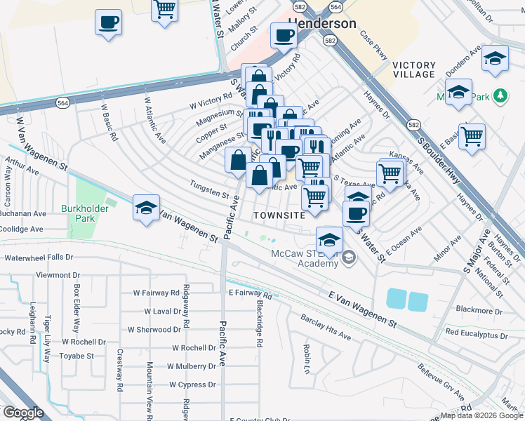 map of restaurants, bars, coffee shops, grocery stores, and more near 227 Zinc Street in Henderson