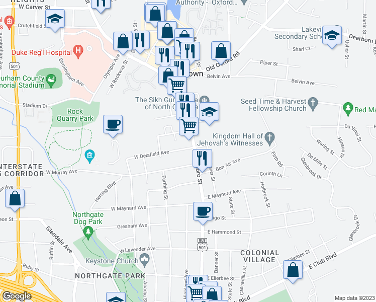 map of restaurants, bars, coffee shops, grocery stores, and more near 108 East Delafield Avenue in Durham
