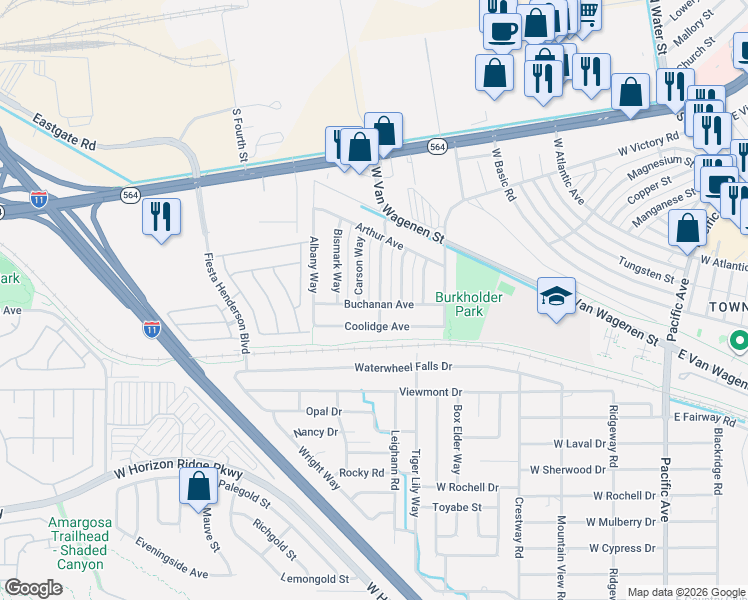 map of restaurants, bars, coffee shops, grocery stores, and more near 256 Hillcrest Drive in Henderson