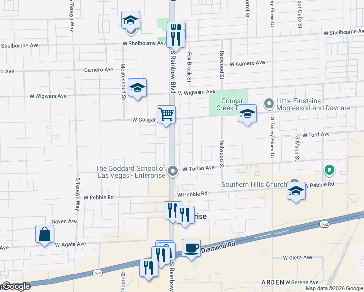 map of restaurants, bars, coffee shops, grocery stores, and more near 8704 South Indigo Springs Road in Las Vegas