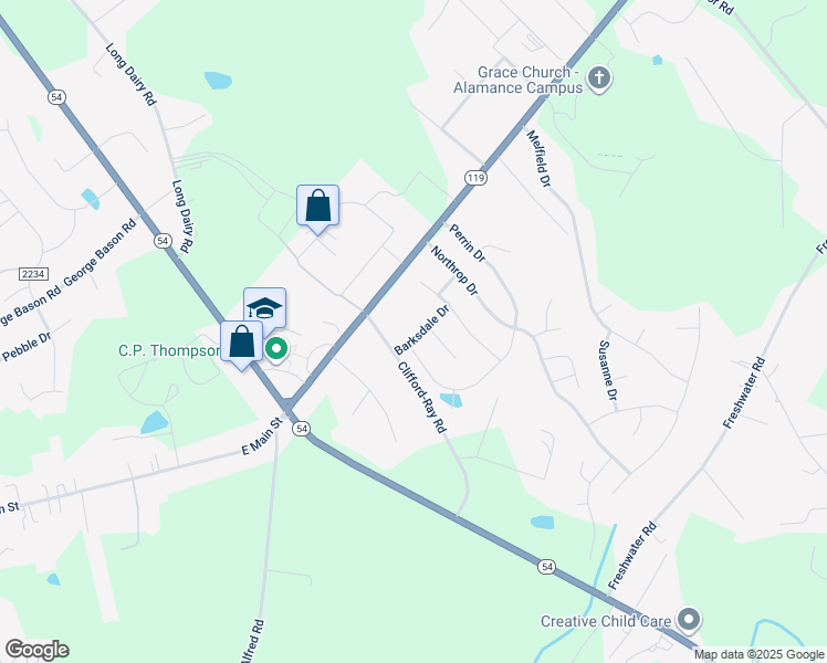 map of restaurants, bars, coffee shops, grocery stores, and more near 2838 Barksdale Dr in Haw River