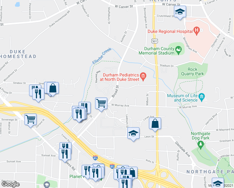 map of restaurants, bars, coffee shops, grocery stores, and more near 2322 Broad Street in Durham
