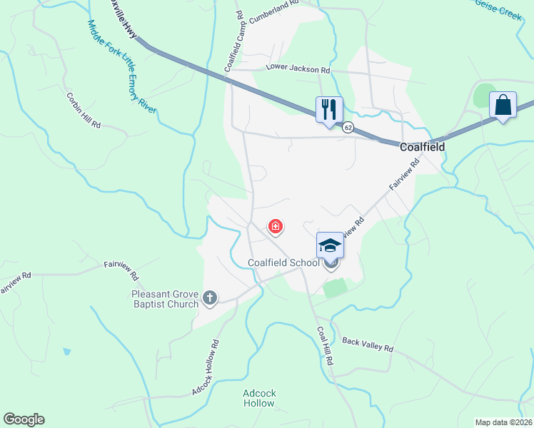 map of restaurants, bars, coffee shops, grocery stores, and more near 109 Beauty Box Road in Oliver Springs