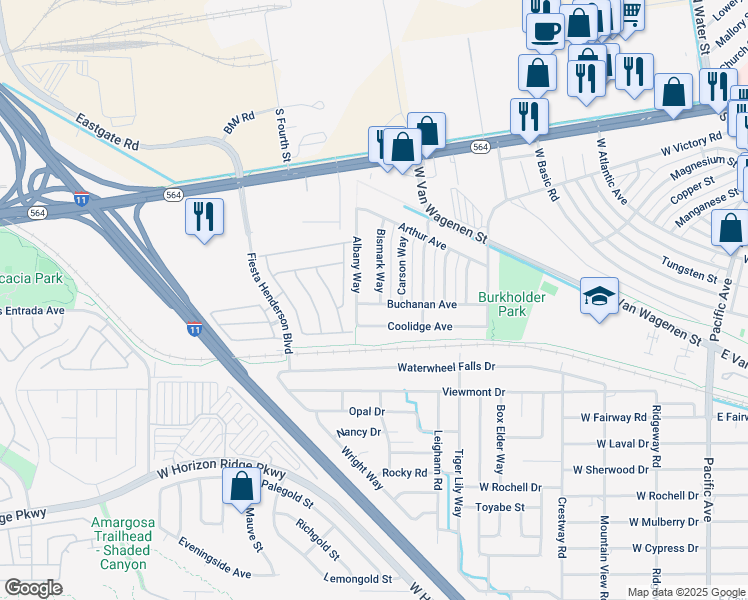 map of restaurants, bars, coffee shops, grocery stores, and more near 264 Bismark Way in Henderson