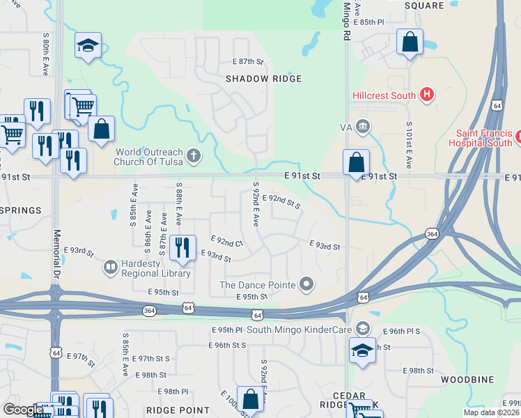 map of restaurants, bars, coffee shops, grocery stores, and more near 9229 South 92nd East Avenue in Tulsa