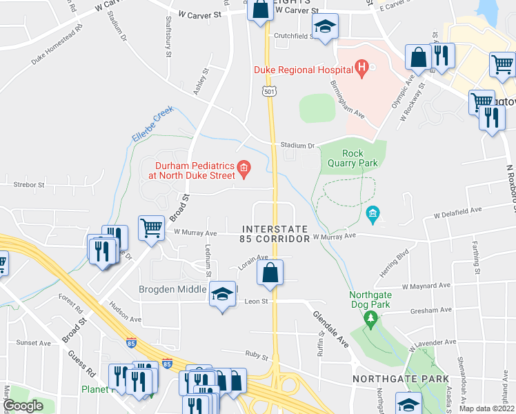map of restaurants, bars, coffee shops, grocery stores, and more near 2510 Wilbon Street in Durham