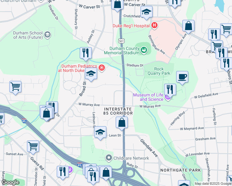 map of restaurants, bars, coffee shops, grocery stores, and more near 2509 North Duke Street in Durham