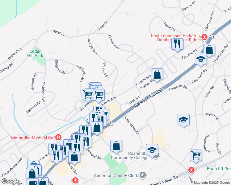map of restaurants, bars, coffee shops, grocery stores, and more near 101 East Tennessee Avenue in Oak Ridge