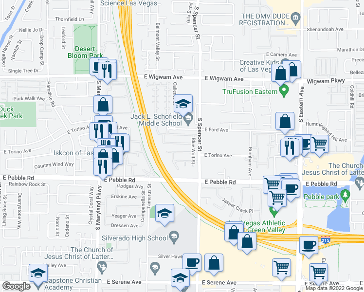map of restaurants, bars, coffee shops, grocery stores, and more near 1701 Spotted Wolf Avenue in Las Vegas