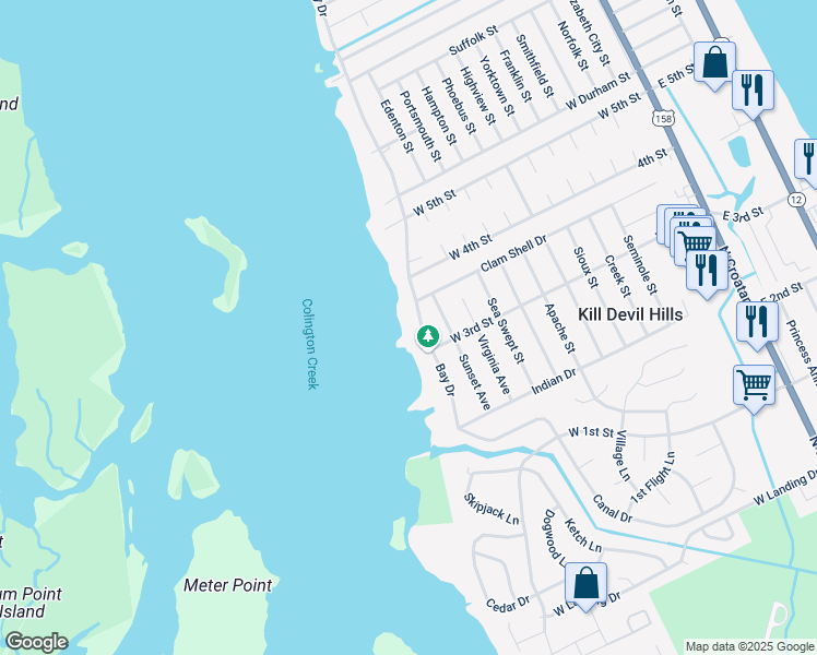 map of restaurants, bars, coffee shops, grocery stores, and more near 1805 Bay Drive in Kill Devil Hills