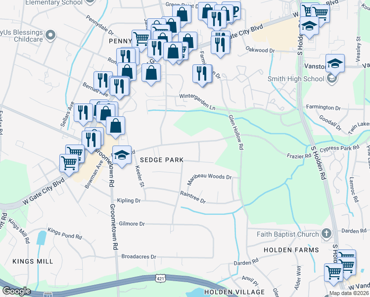 map of restaurants, bars, coffee shops, grocery stores, and more near 3817 Frazier Road in Greensboro