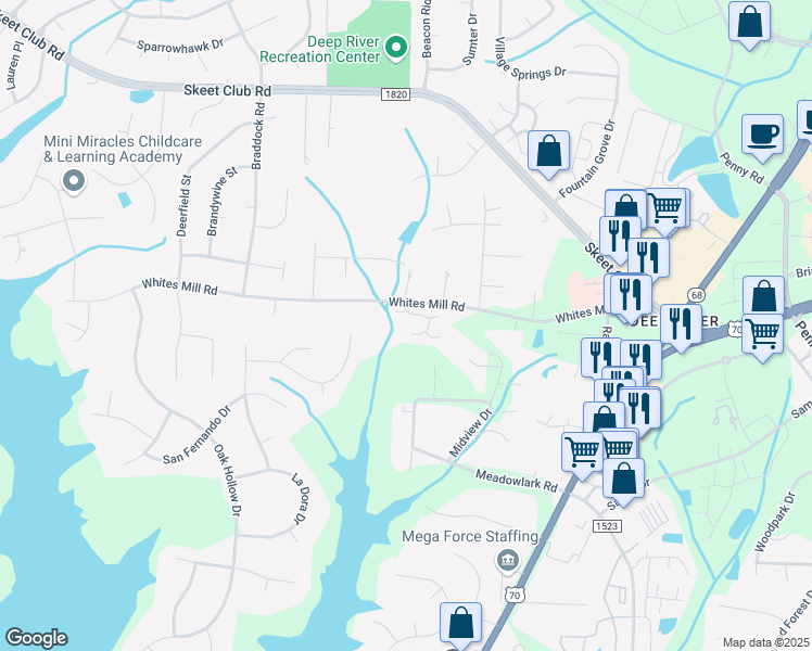 map of restaurants, bars, coffee shops, grocery stores, and more near 4401 Essex Court in High Point