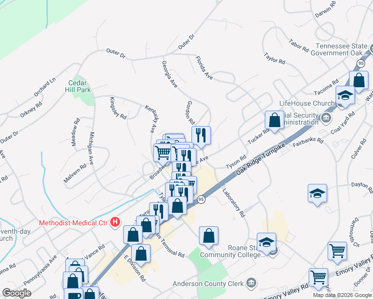 map of restaurants, bars, coffee shops, grocery stores, and more near 117A Broadway Avenue in Oak Ridge
