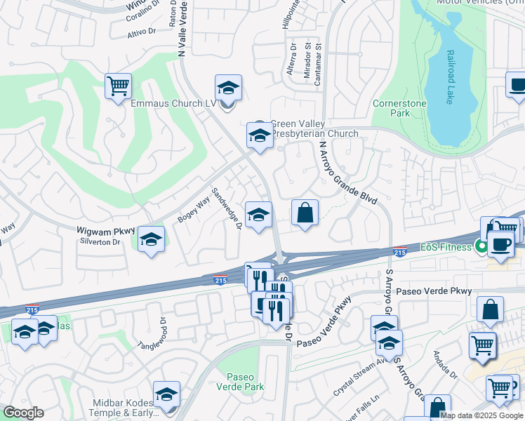 map of restaurants, bars, coffee shops, grocery stores, and more near 75 North Valle Verde Drive in Henderson