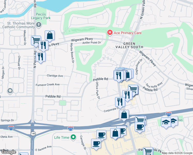 map of restaurants, bars, coffee shops, grocery stores, and more near 2374 Ramsgate Drive in Henderson