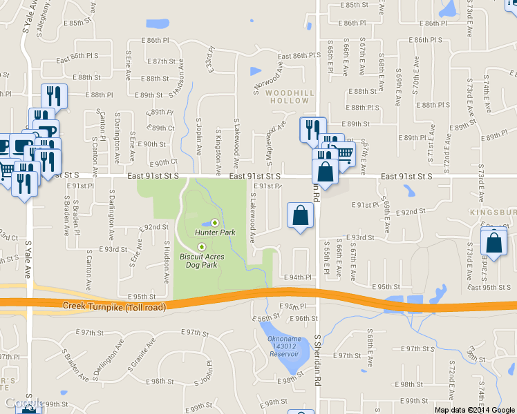 map of restaurants, bars, coffee shops, grocery stores, and more near 9206 South Lakewood Avenue in Tulsa