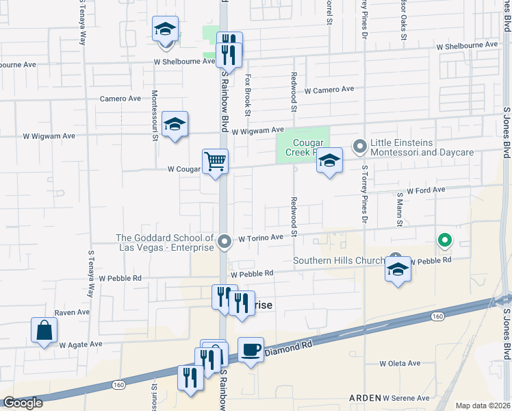 map of restaurants, bars, coffee shops, grocery stores, and more near 8704 South Indigo Springs Road in Las Vegas