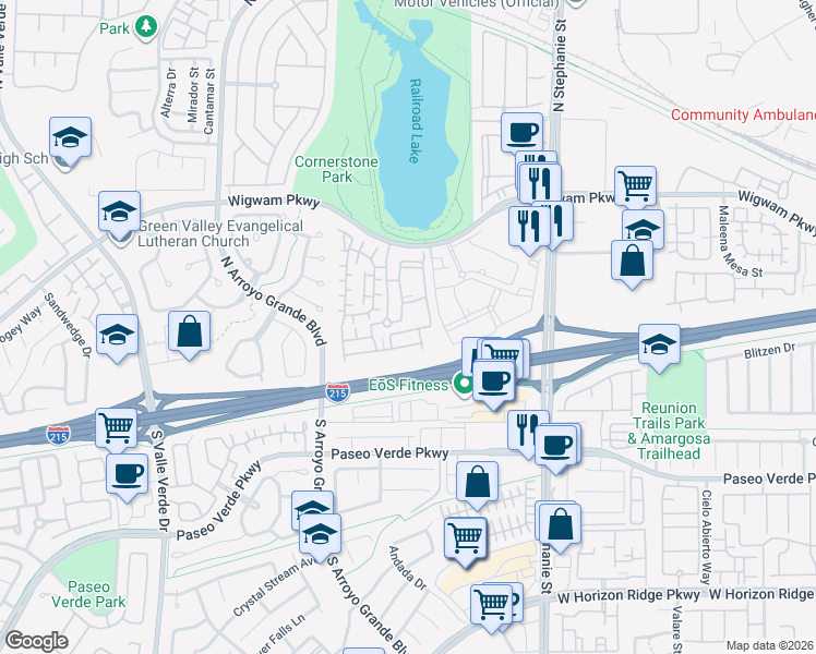 map of restaurants, bars, coffee shops, grocery stores, and more near 1525 Spiced Wine Avenue in Henderson