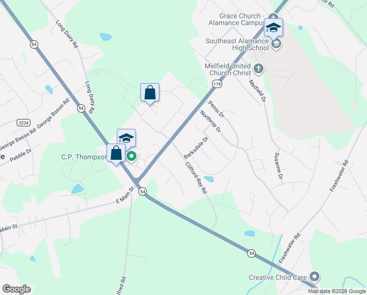 map of restaurants, bars, coffee shops, grocery stores, and more near 2830 Barksdale Drive in Haw River