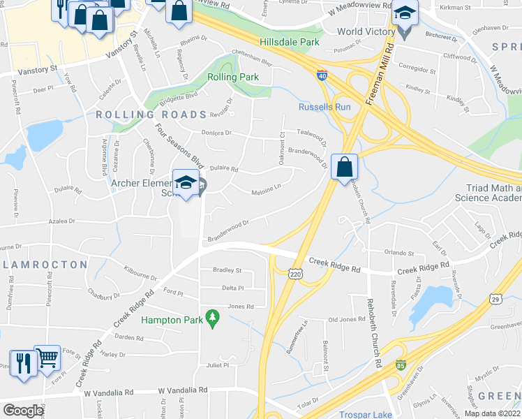 map of restaurants, bars, coffee shops, grocery stores, and more near 2934 Branderwood Drive in Greensboro