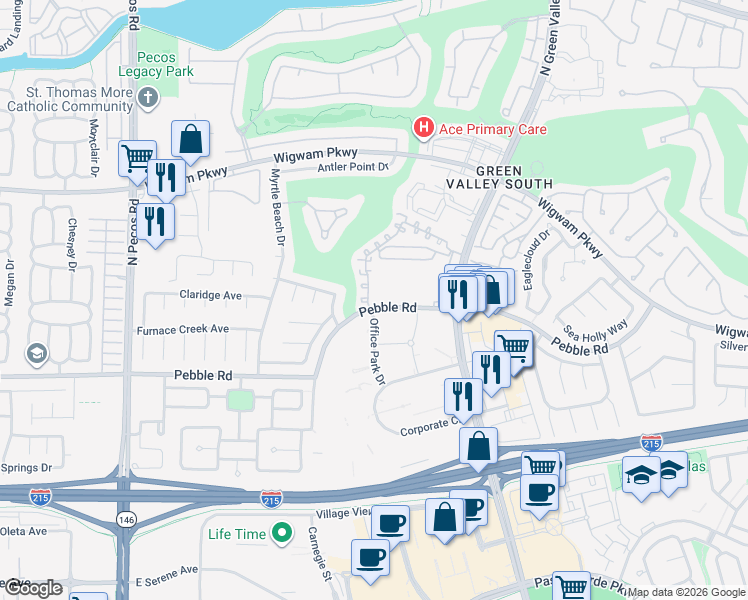 map of restaurants, bars, coffee shops, grocery stores, and more near 2374 Ramsgate Drive in Henderson