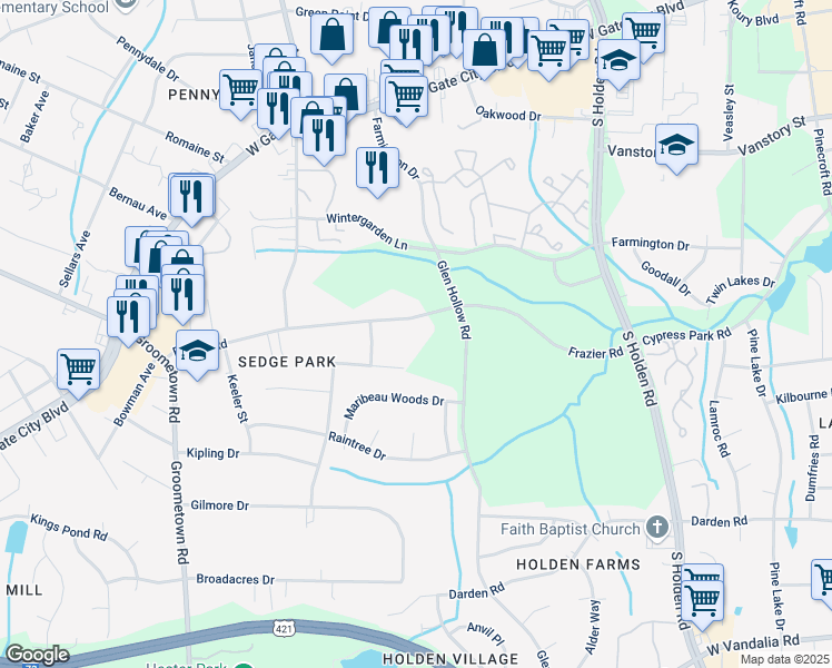 map of restaurants, bars, coffee shops, grocery stores, and more near 3723 Frazier Road in Greensboro