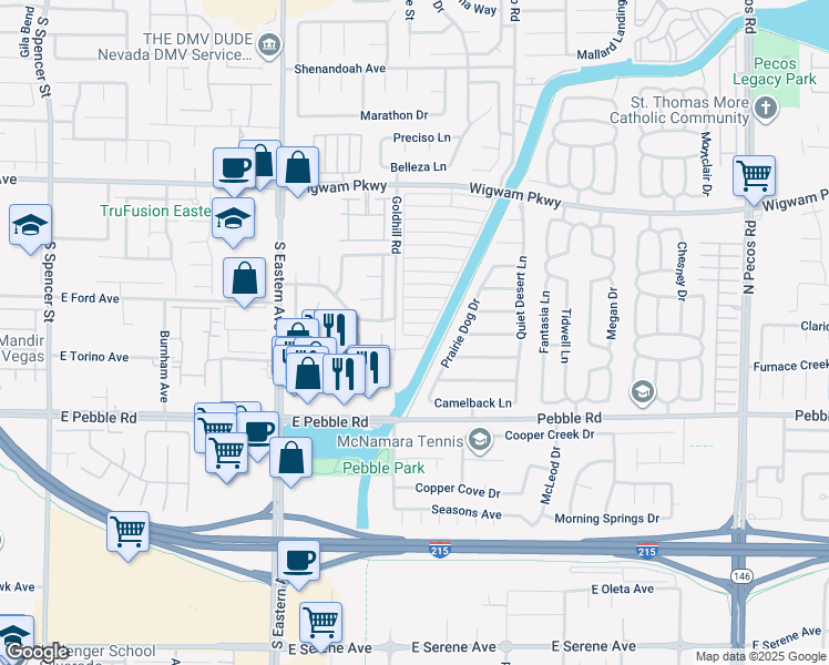 map of restaurants, bars, coffee shops, grocery stores, and more near 2838 Lone Cliff Drive in Henderson