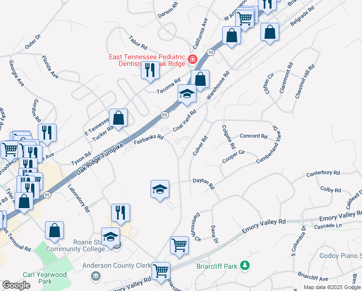 map of restaurants, bars, coffee shops, grocery stores, and more near 115 Fairbanks Road in Oak Ridge