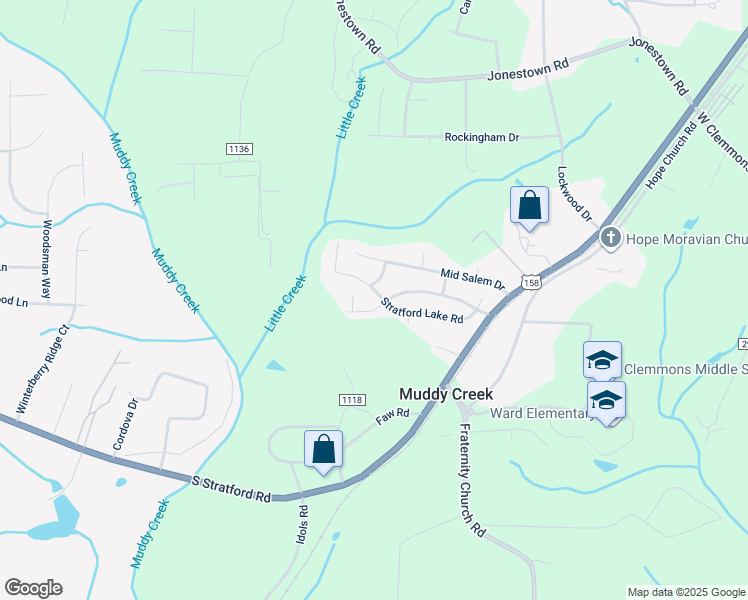 map of restaurants, bars, coffee shops, grocery stores, and more near 2520 Stratford Lake Road in Winston-Salem