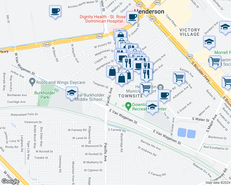 map of restaurants, bars, coffee shops, grocery stores, and more near 239 Pacific Avenue in Henderson
