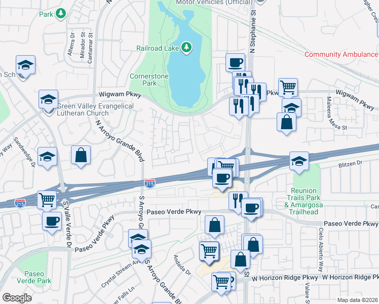 map of restaurants, bars, coffee shops, grocery stores, and more near 50 Aura de Blanco Street in Henderson