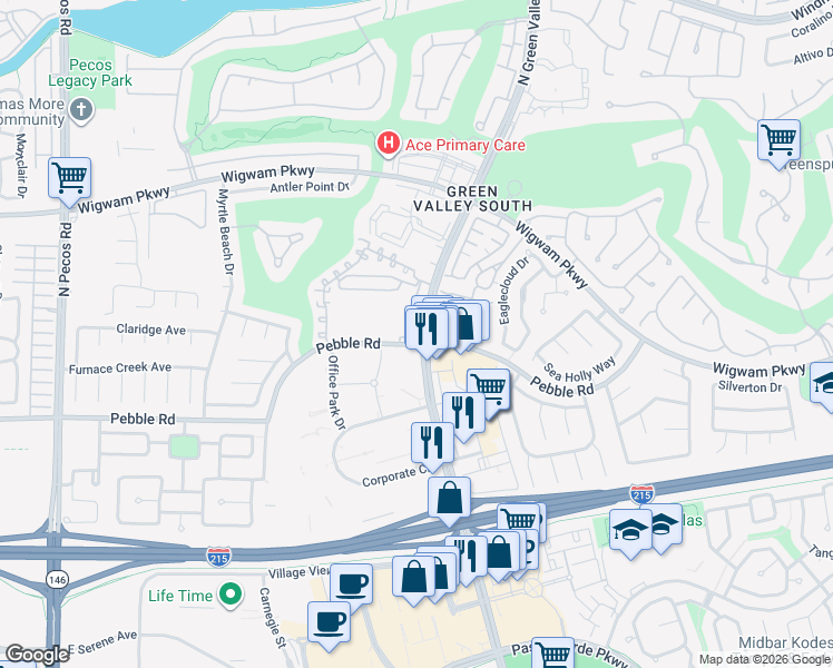 map of restaurants, bars, coffee shops, grocery stores, and more near 1500 Pebble Road in Henderson