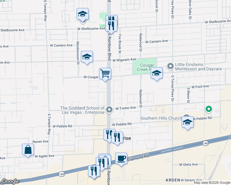 map of restaurants, bars, coffee shops, grocery stores, and more near 8704 South Indigo Springs Road in Las Vegas
