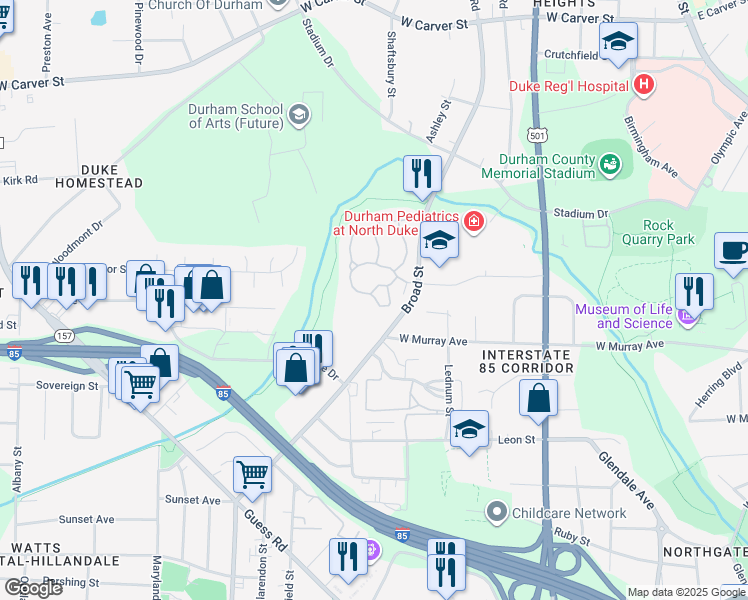 map of restaurants, bars, coffee shops, grocery stores, and more near 1510 North Pointe Drive in Durham