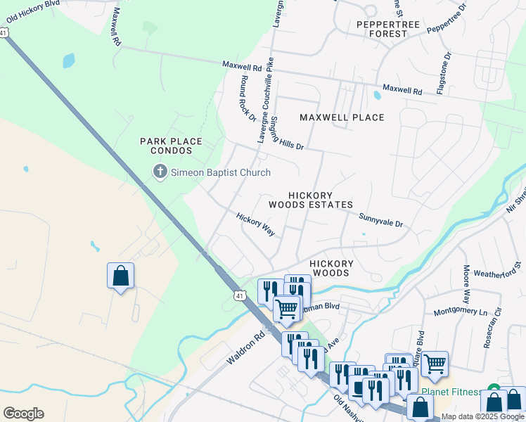 map of restaurants, bars, coffee shops, grocery stores, and more near 5000 Sunshine Drive in Nashville