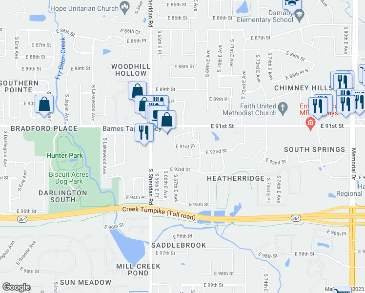 map of restaurants, bars, coffee shops, grocery stores, and more near 6738 East 91st Place in Tulsa