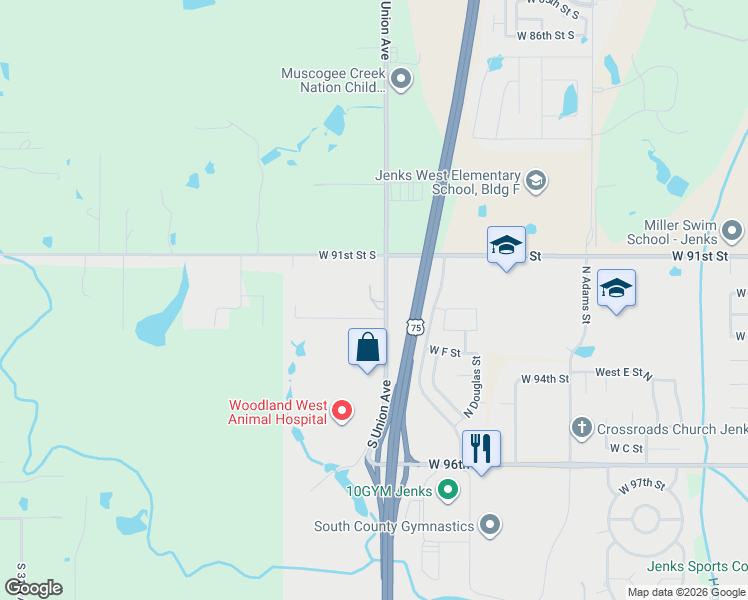 map of restaurants, bars, coffee shops, grocery stores, and more near 9202 South 17th West Avenue in Tulsa