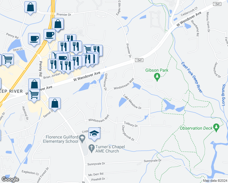 map of restaurants, bars, coffee shops, grocery stores, and more near 3830 Windstream Way in Jamestown
